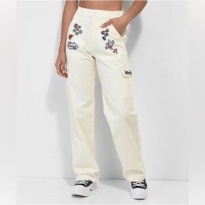 Broken Promises Size M Focus On Me Cream Ivory Cargo Pants Embroidered Bunny